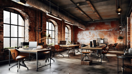 an industrial-style workspace with a raw and edgy feel. The exposed brick walls, metal accents, and concrete floors create an industrial aesthetic that is both stylish and functionalの素材