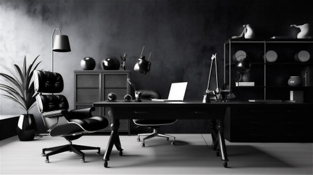 This minimalist workspace is designed to promote focus and productivity. Featuring a simple and functional desk, a monochromatic color scheme, and carefully selected decorative itemsの素材