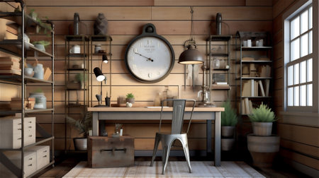 This home office features a modern farmhouse style, with a cozy and inviting atmosphere created by a mix of modern and rustic elements. The vintage-inspired desk, shiplap wallsの素材