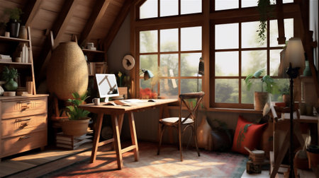 a workspace that feels warm and inviting with a rustic design. This home office features a wooden desk, a woven rug, and vintage-inspired decor pieces, create a natural and organic feelの素材