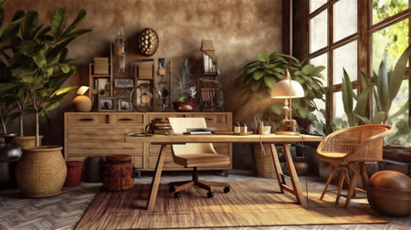 a workspace that feels warm and inviting with a rustic design. This home office features a wooden desk, a woven rug, and vintage-inspired decor pieces, create a natural and organic feelの素材