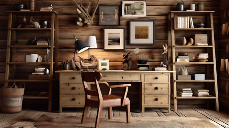 a workspace that feels warm and inviting with a rustic design. This home office features a wooden desk, a woven rug, and vintage-inspired decor pieces, create a natural and organic feelの素材