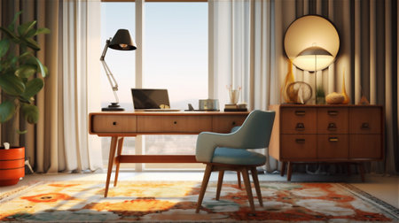 This home office features a timeless design with mid-century modern elements. The retro-inspired workspace includes a sleek and functional desk, a mid-century chair, and a geometric rugの素材