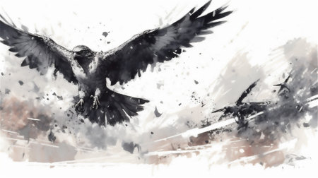 This watercolor drawing captures the raw beauty and fierce determination of a falcon. The vibrant colors and fluid brushstrokes bring the scene to life, showcasing the agility and precision in mid-airの素材