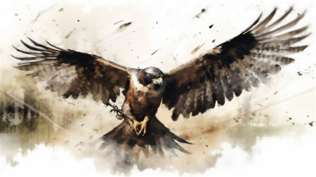This watercolor drawing captures the raw beauty and fierce determination of a falcon. The vibrant colors and fluid brushstrokes bring the scene to life, showcasing the agility and precision in mid-airの素材