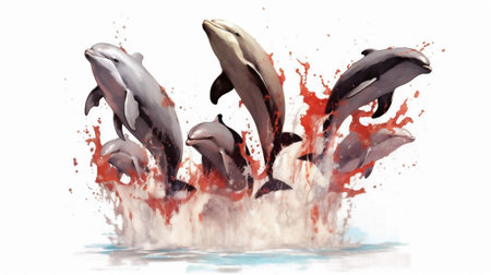 Immerse yourself in the beauty and fluidity of nature with this exquisite watercolor drawing. In this captivating artwork, a group of dolphins leaps joyfully out of the crystal-clear waterの素材