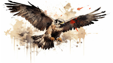 This watercolor drawing captures the raw beauty and fierce determination of a falcon. The vibrant colors and fluid brushstrokes bring the scene to life, showcasing the agility and precision in mid-airの素材