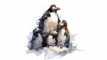 This enchanting watercolor drawing depicts a heartwarming scene of a group of penguins huddling together in the icy embrace of the Arctic. adorable creatures as they face the harsh polar conditions.の素材