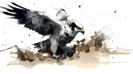 This watercolor drawing captures the raw beauty and fierce determination of a falcon. The vibrant colors and fluid brushstrokes bring the scene to life, showcasing the agility and precision in mid-airの素材