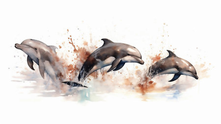 Immerse yourself in the beauty and fluidity of nature with this exquisite watercolor drawing. In this captivating artwork, a group of dolphins leaps joyfully out of the crystal-clear waterの素材