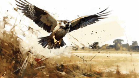 This watercolor drawing captures the raw beauty and fierce determination of a falcon. The vibrant colors and fluid brushstrokes bring the scene to life, showcasing the agility and precision in mid-airの素材