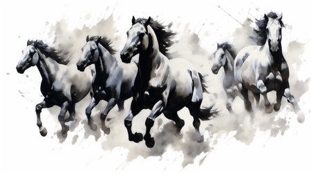 Immerse yourself in the untamed beauty of nature with this captivating watercolor drawing. The artwork depicts a breathtaking scene of a herd of wild horses galloping freely across a vast landscapeの素材