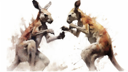 This vibrant watercolor drawing captures the intense moment of a kangaroo boxing match. raw power and agility of these iconic Australian marsupials as they engage in a spirited and acrobatic battleの素材