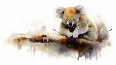beautiful watercolor drawing captures a serene moment of nature as a sleepy koala peacefully rests on a eucalyptus tree branch. The soft hues and delicate brushstrokes convey a sense of tranquilityの素材