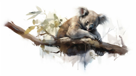 beautiful watercolor drawing captures a serene moment of nature as a sleepy koala peacefully rests on a eucalyptus tree branch. The soft hues and delicate brushstrokes convey a sense of tranquilityの素材