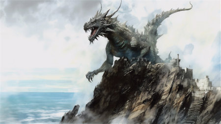 Let your imagination take flight with this enchanting watercolor drawing capturing the mystic allure of a dragon perched on a rugged cliff, surveying a boundless ocean.の素材