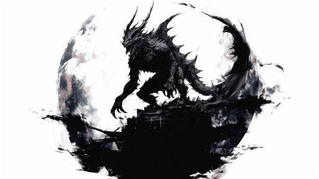 Enter a realm of enchantment with this mesmerizing watercolor drawing that captures the mystical allure of a dragon in a dramatic pose, silhouetted against the backdrop of a full moonの素材