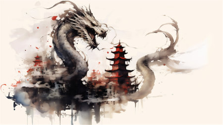 Experience the enchantment of ancient legends with this captivating watercolor drawing depicting a magnificent Chinese dragon coiled around a tall tower, poised and ready to defend it.の素材