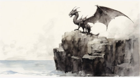 Let your imagination take flight with this enchanting watercolor drawing capturing the mystic allure of a dragon perched on a rugged cliff, surveying a boundless ocean.の素材