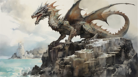 Let your imagination take flight with this enchanting watercolor drawing capturing the mystic allure of a dragon perched on a rugged cliff, surveying a boundless ocean.の素材