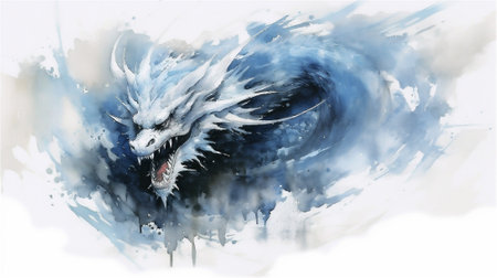 Behold the mesmerizing watercolor drawing that captures the awe-inspiring moment when a majestic dragon exhales a powerful stream of icy breath, freezing everything in its path.の素材
