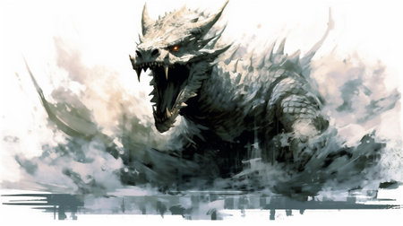 watercolor drawing showcasing the awe-inspiring sight of a dragon emerging from a serene lake, its magnificent form accentuated by cascading water droplets dancing off its scalesの素材