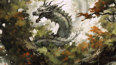 watercolor drawing capturing the enchantment of a dragon gracefully soaring through a dense forest. the dragon's majestic presence as it navigates through a vibrant tapestry of lush foliageの素材