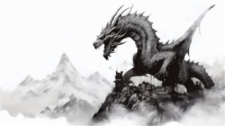 this mesmerizing watercolor drawing portraying a magnificent dragon at rest. Perched upon a mountaintop, the dragon gazes out over a vast, sprawling landscape with a sense of regal serenity.の素材