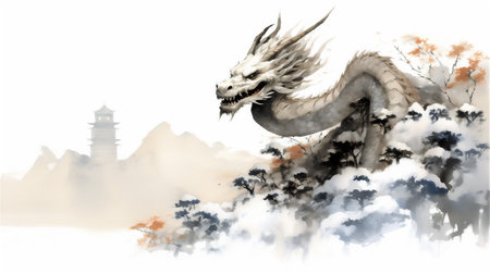 this mesmerizing watercolor drawing portraying a magnificent dragon at rest. Perched upon a mountaintop, the dragon gazes out over a vast, sprawling landscape with a sense of regal serenity.の素材