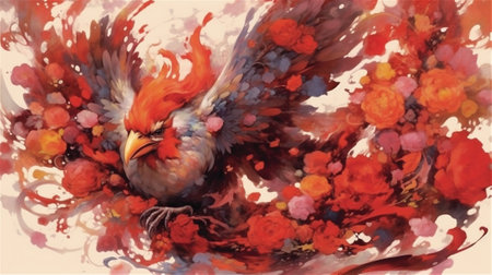 This watercolor painting portrays a captivating composition that juxtaposes the vibrant and fiery wings of a phoenix with the delicate beauty of blooming flowers.の素材