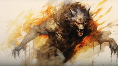 the dreamlike transformation of a werewolf. The artwork blurs the boundaries between reality and fantasy, inviting viewers into a world where the lines between human and beast are intertwined.の素材