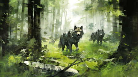 a pack of wolves seamlessly merging with their lush, dense forest habitat. The wolves navigate through the shadows and foliage, blending harmoniously with their surroundings.の素材