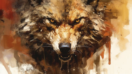 watercolor painting portrays a captivating close-up of a wolf's face, skillfully capturing the creature's intense gaze and intricate fur details. The piercing eyes reflect the wolf's primal instinctの素材