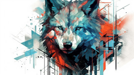 The artwork showcases the beauty and strength of the wolf through a unique artistic approach, capturing the essence of its wild spirit with a contemporary twist.の素材
