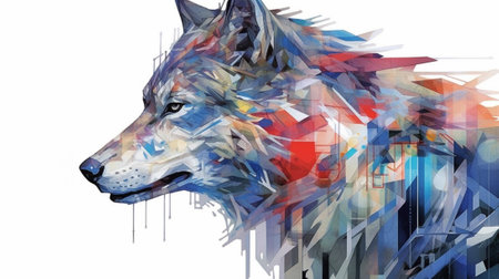The artwork showcases the beauty and strength of the wolf through a unique artistic approach, capturing the essence of its wild spirit with a contemporary twist.の素材