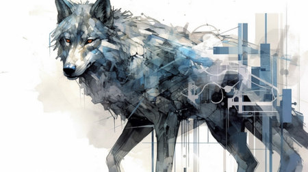 The artwork showcases the beauty and strength of the wolf through a unique artistic approach, capturing the essence of its wild spirit with a contemporary twist.の素材