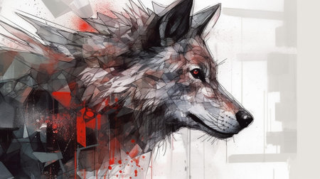 The artwork showcases the beauty and strength of the wolf through a unique artistic approach, capturing the essence of its wild spirit with a contemporary twist.の素材