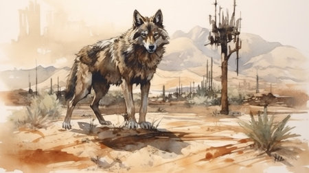 In this watercolor painting, a lone wolf stands tall in a barren desert landscape. Surrounding the majestic creature are towering cacti, their spines casting elongated shadows on the golden sand dunesの素材