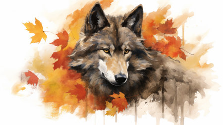 a magnificent wolf stands tall amidst a vibrant tapestry of falling leaves, capturing the breathtaking beauty of the changing seasons. The golden hues of the foliage complement the wolf's rich coatの素材