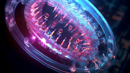 photograph captures the fascinating world of bioengineering, highlighting genetic engineering, biotechnology, and futuristic medical advancements. The image portrays the fusion of science and natureの素材