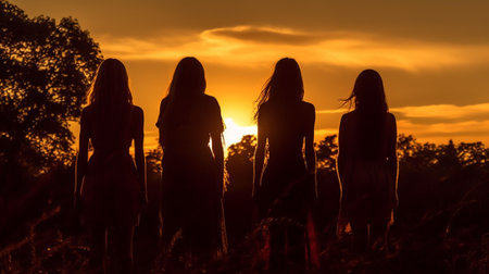 silhouettes take center stage against vibrant sunset backgrounds. The contrast between dark silhouettes and the warm hues of the setting sun represents the beauty of endings and new beginnings.の素材