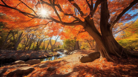 the mesmerizing beauty of autumn as vibrant hues of red, orange, and gold paint the landscape. the essence of the fall season, showcasing the rich tapestry of colors found in various landscapes.の素材