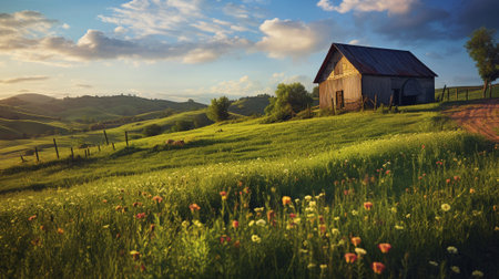the countryside as you explore picturesque rural landscapes. This captivating image captures the essence of farmland and rolling hills, showcasing the idyllic charm and tranquility of the countrysideの素材