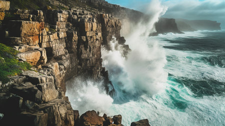 the awe-inspiring beauty of coastal cliffs, as they stand tall and rugged against the crashing waves below. towering cliffs and the power of the ocean, creates a sense of awe and wonderの素材