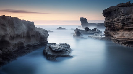 a serene seascape, capturing the vastness of the ocean. the tranquil beauty of a coastal scene, with gentle waves lapping against the shore and a clear sky extending towards the horizon.の素材