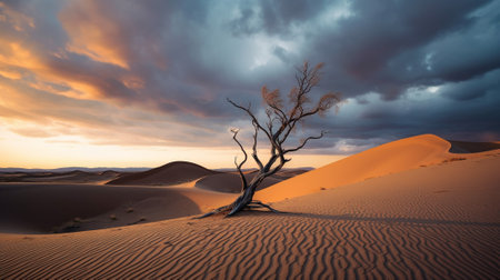 the mesmerizing allure and unique features of desert landscapes. The vast expanse of golden sand dunes stretches as far as the eye can see, with intricate patterns formed by the windの素材