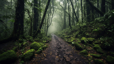 a magical world of forest trails, inviting them to explore the enchanting pathways that lead deeper into the woods. the essence of mystery and adventure, as dappled sunlight filters through the canopyの素材