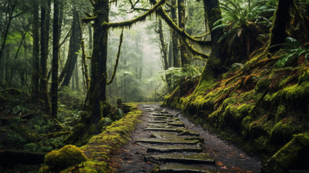 a magical world of forest trails, inviting them to explore the enchanting pathways that lead deeper into the woods. the essence of mystery and adventure, as dappled sunlight filters through the canopyの素材