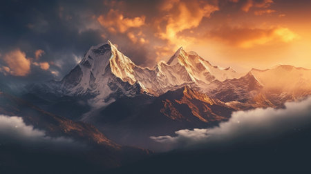 the majestic grandeur of snow-capped peaks, their ruggedness juxtaposed against the vastness of the surrounding landscape. The light casts a golden glow, highlighting the texturesの素材