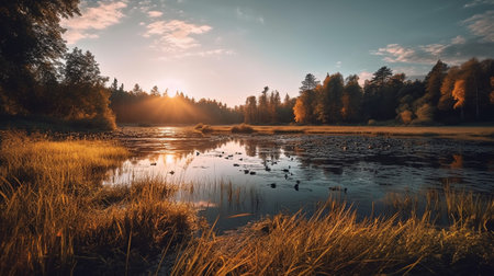 the serene beauty of a landscape during the magical golden hour. The warm, golden sunlight bathes the scene, casting a soft and ethereal glow. The tranquil and the interplay of light and shadowsの素材